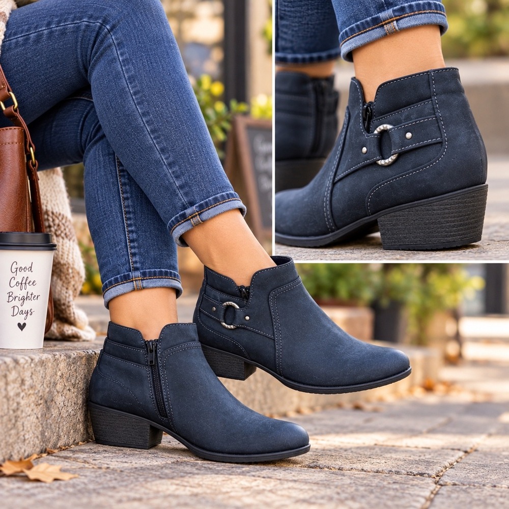 Clarks Womens Black Leather Ankle Boots Harness‎ Strap Block Heel Booties 9.5 M